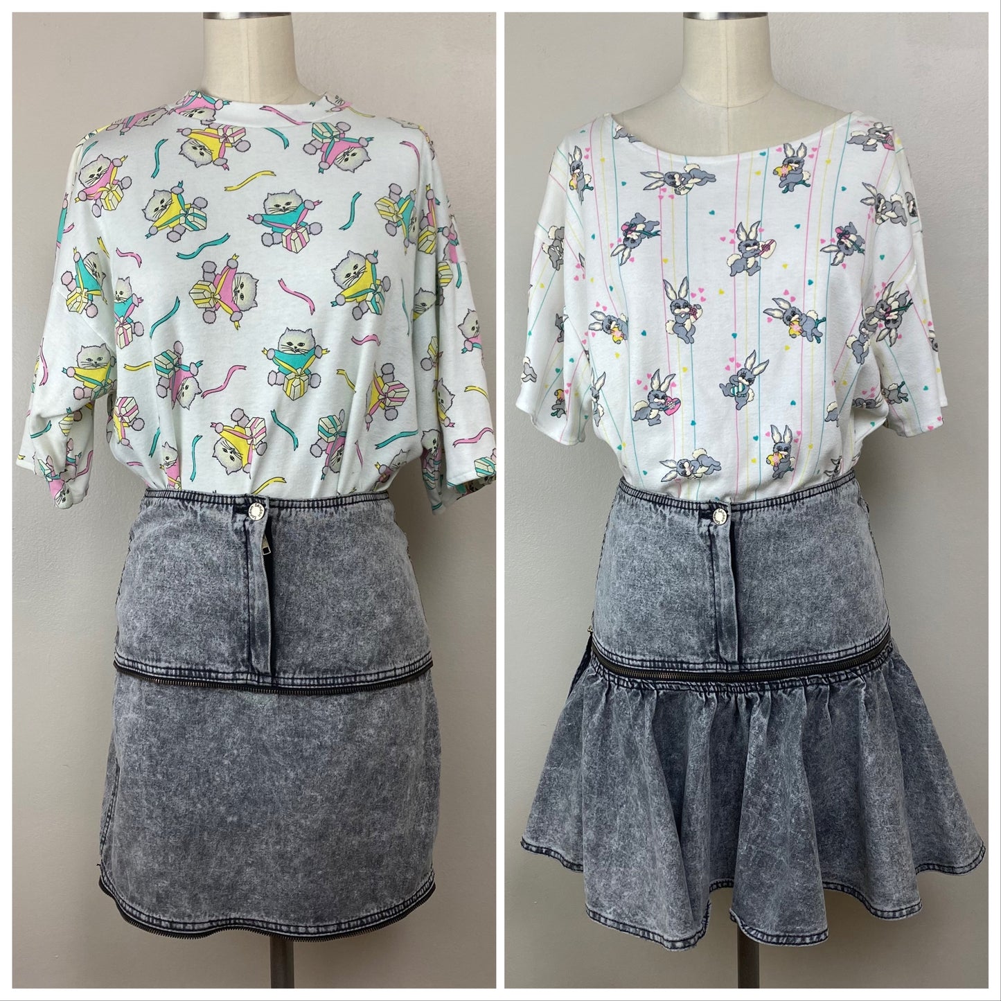 1980s Black Acid Wash Denim 3 in 1 Convertible Skirt with Zip Off Ruffle, London London Size Small