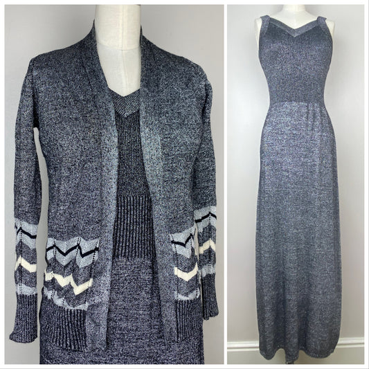 1970s Knit Lurex Maxi Dress and Cardigan, Jon-Michel Size XS-S, Sweater Dress Set