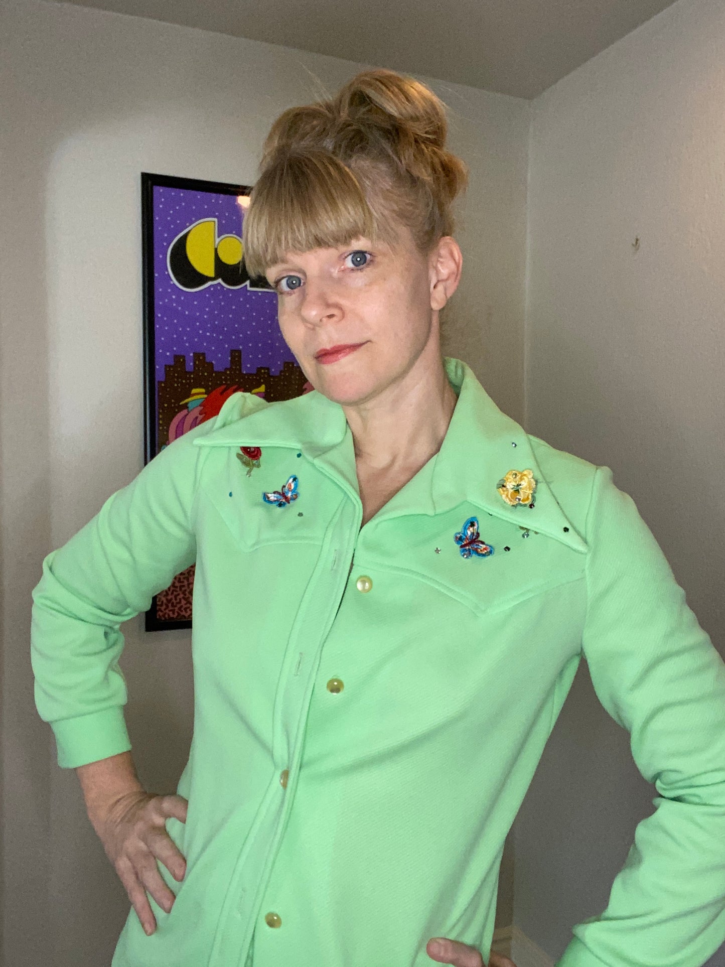 1970s Green Embellished Western Set, Size S/M, Double Knit Shirt Jacket and Pants, Rhinestones Butterflies Roses