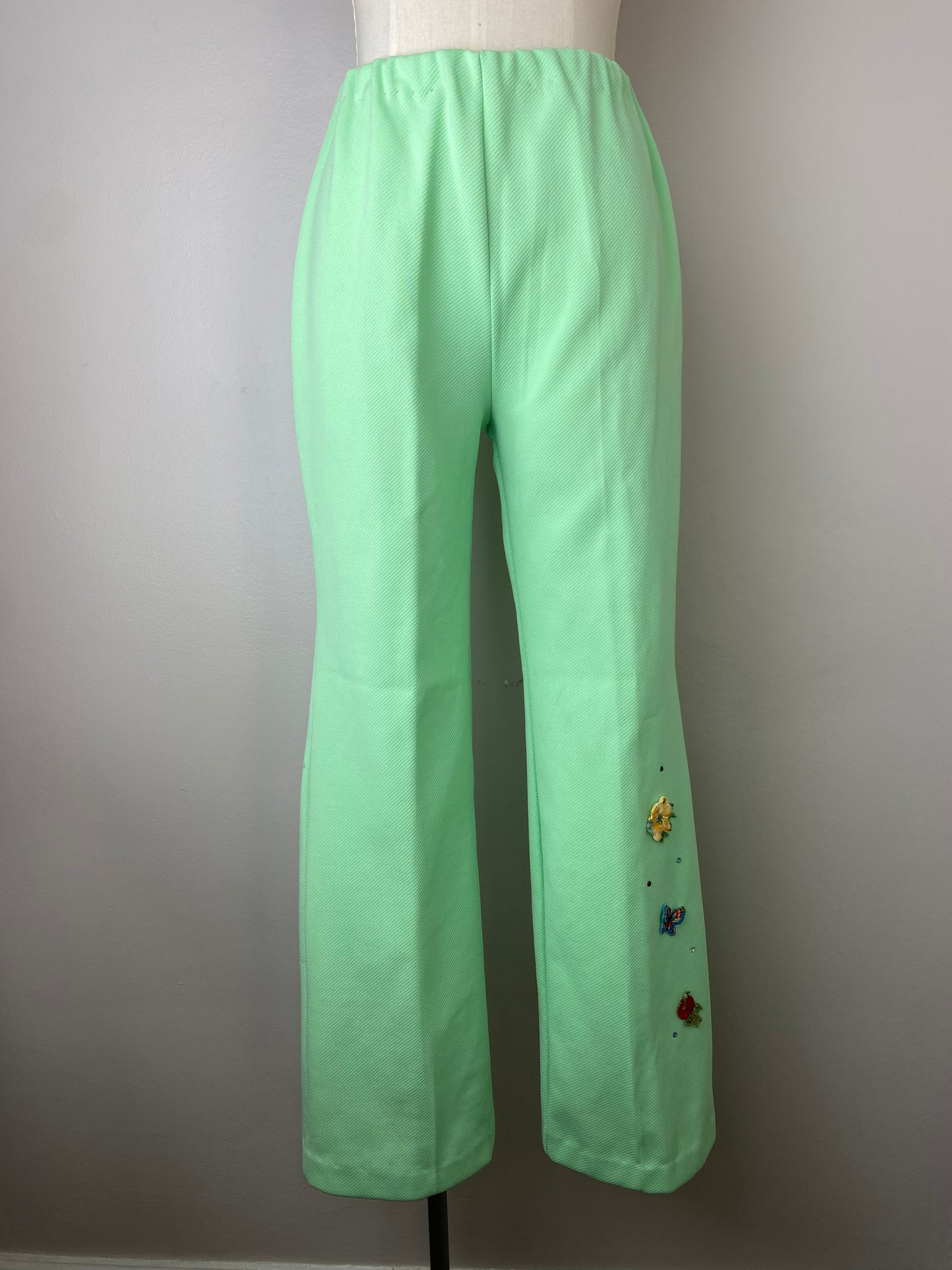 1970s Green Embellished Western Set, Size S/M, Double Knit Shirt Jacket and Pants, Rhinestones Butterflies Roses
