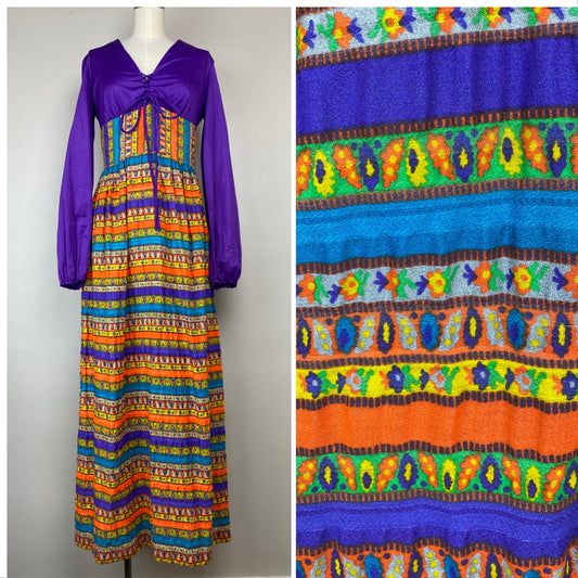 1970s Renaissance Inspired Bright Psychedelic Boho Dress, Size Small, Purple, Floral Stripes