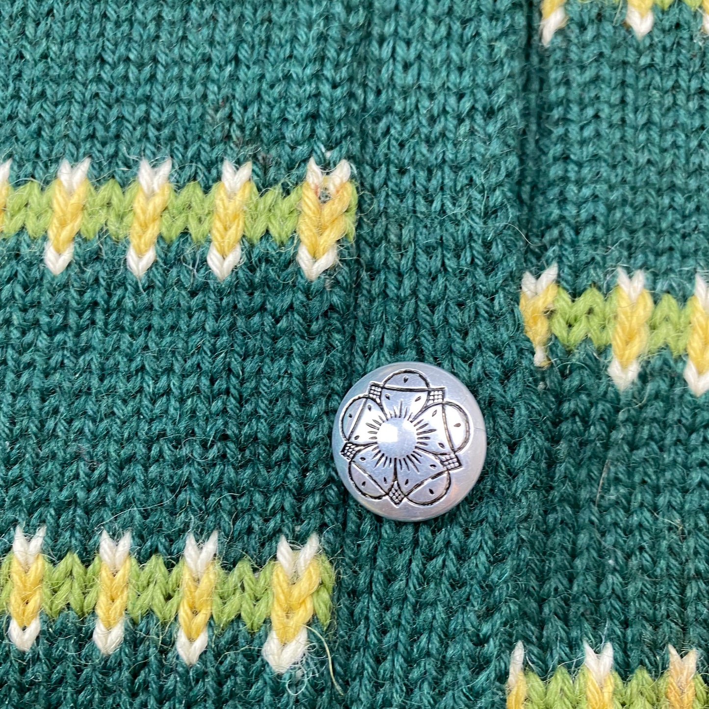 Mid Century Hand Knit Vintage Four Leaf Clover Cardigan Sweater, Size S/M, Pewter Buttons, Nordic?