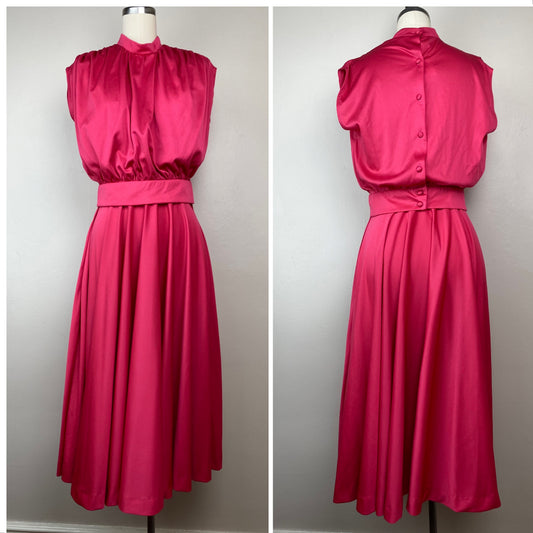1970s Pink Disco Set, Size XS, Sleeveless Blouse and Midi Length Circle Skirt