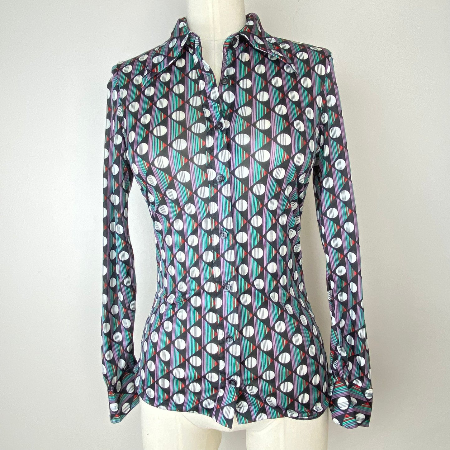 1970s Wayne Rogers Geometric Print Polyester Shirt, Size XS