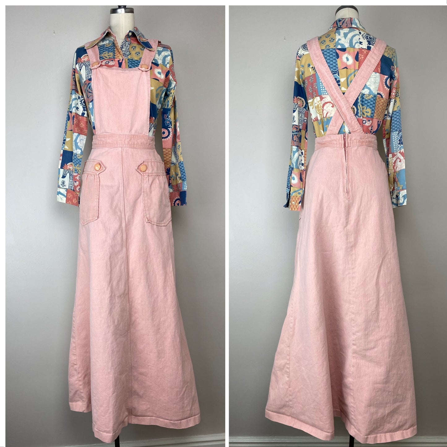 1970s Pink Denim Overall Jumper, Maxi Skirt, Size Small