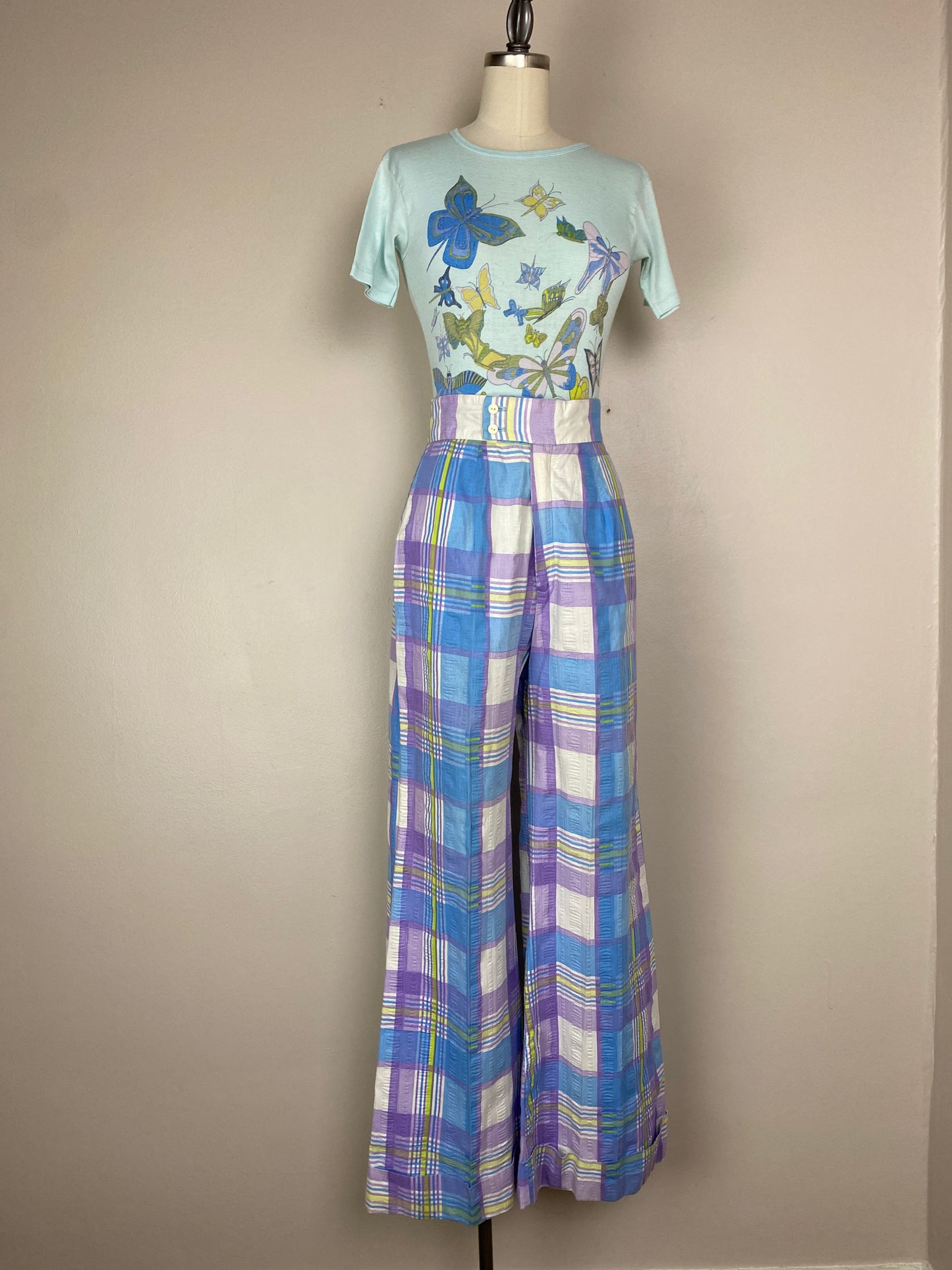 1970s Plaid Seersucker High Waisted Bellbottom Pants, Size Small, 26.5x31.25
