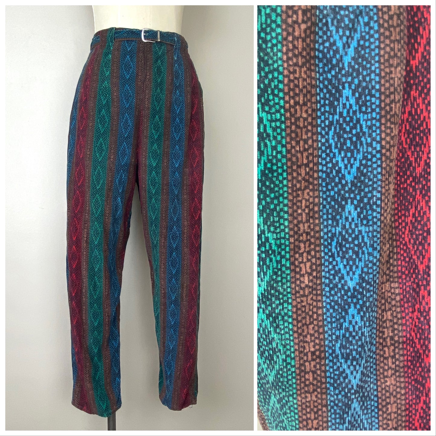 1950s/60s Printed Corduroy Cropped Pants, Size Small, Side Zip, Jewel-tone Harlequin Stripe, Peg Leg Pedal Pushers