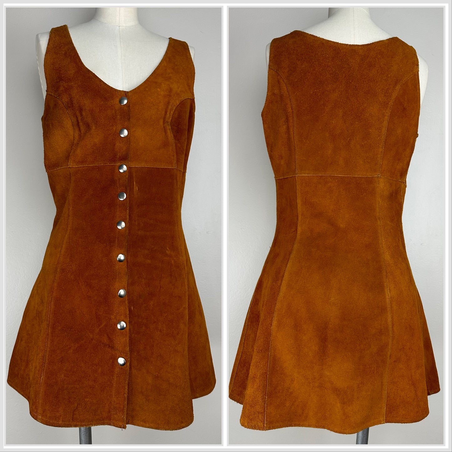 1970s Brown Leather Sleeveless Mini Dress, Snap Front, Size S/M
