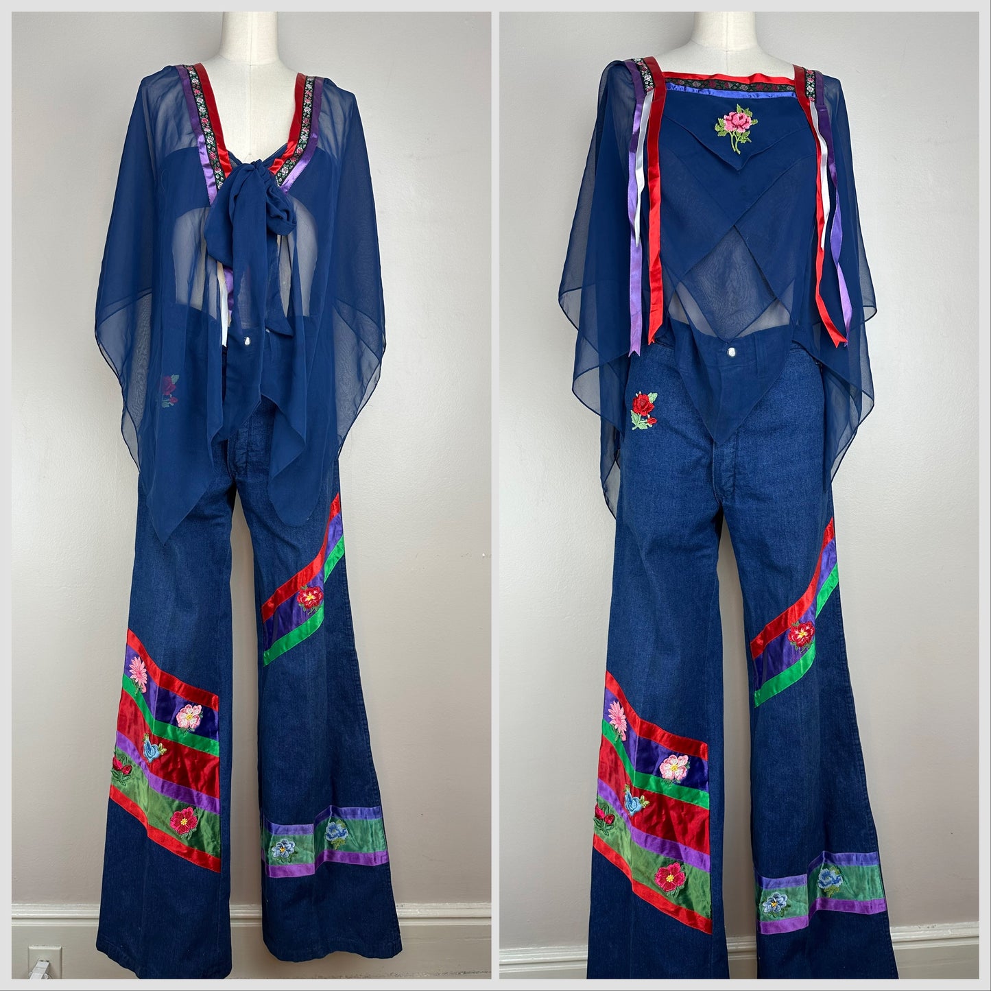 1970s Embellished Bell Bottom Blue Jeans, 28x36.5, Ribbons and Flower Patches