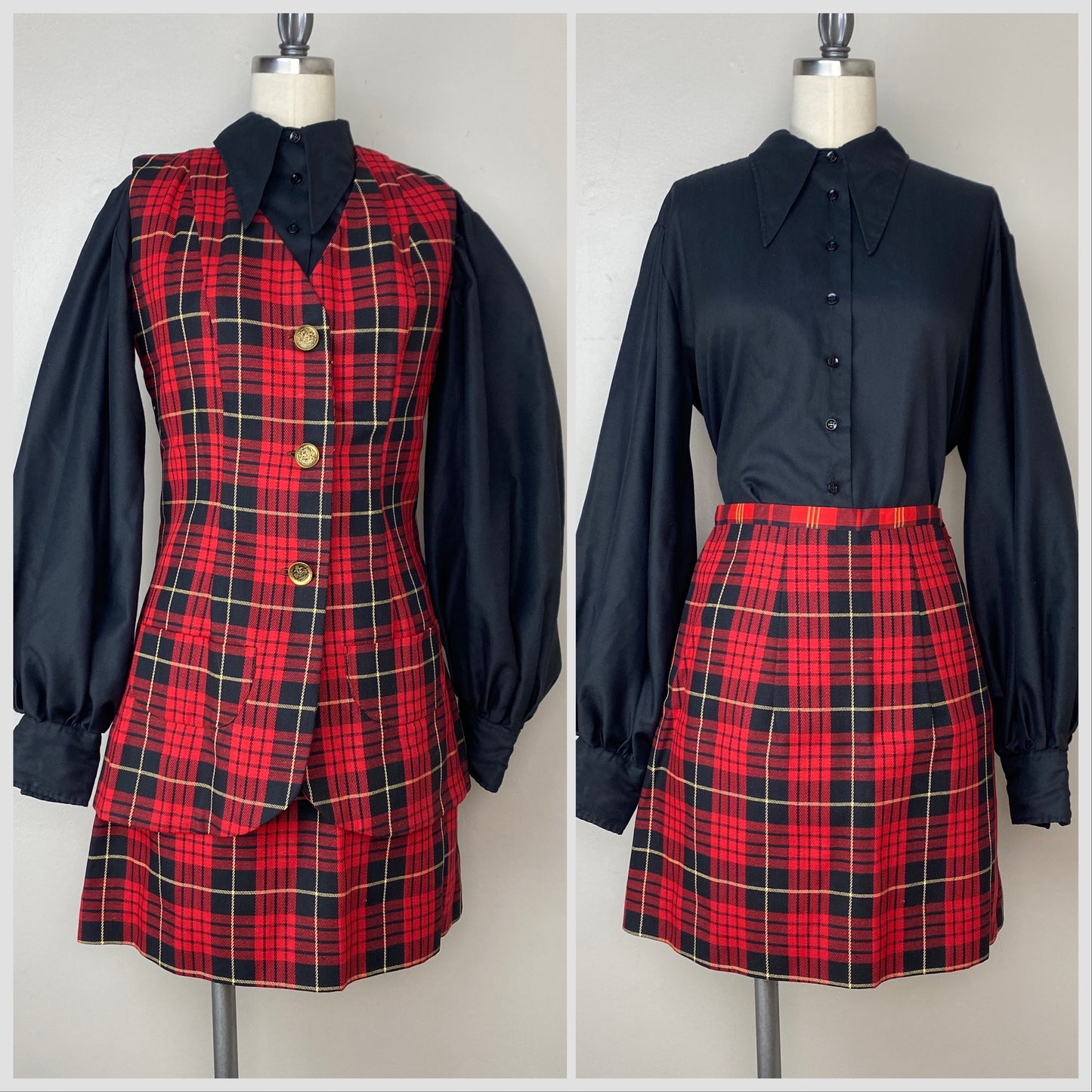 1960s Red Plaid Vest and Skirt Set, Size XS/S, Handmade