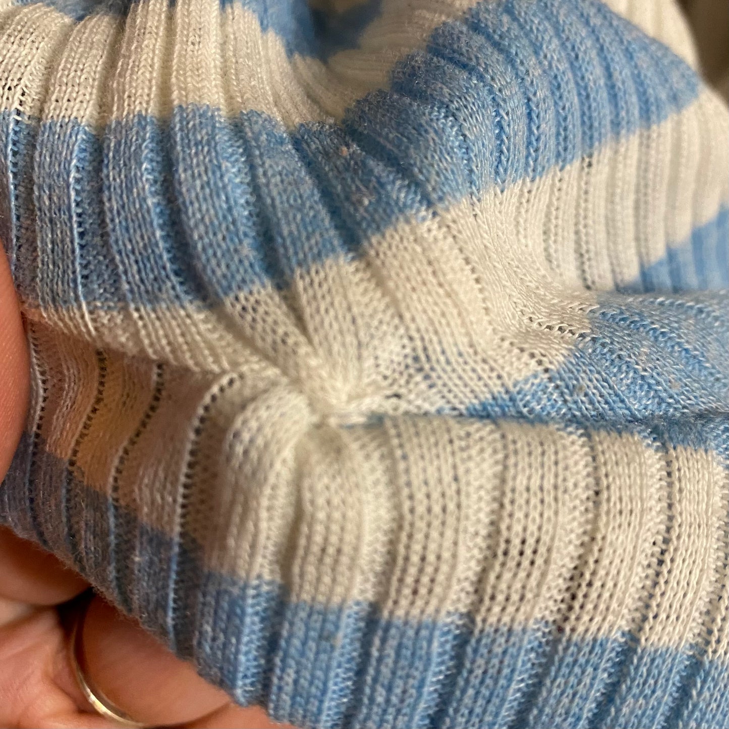 1970s Turtle Bax Rib Knit Top, Blue and White Stripes, Short Sleeve Cardigan
