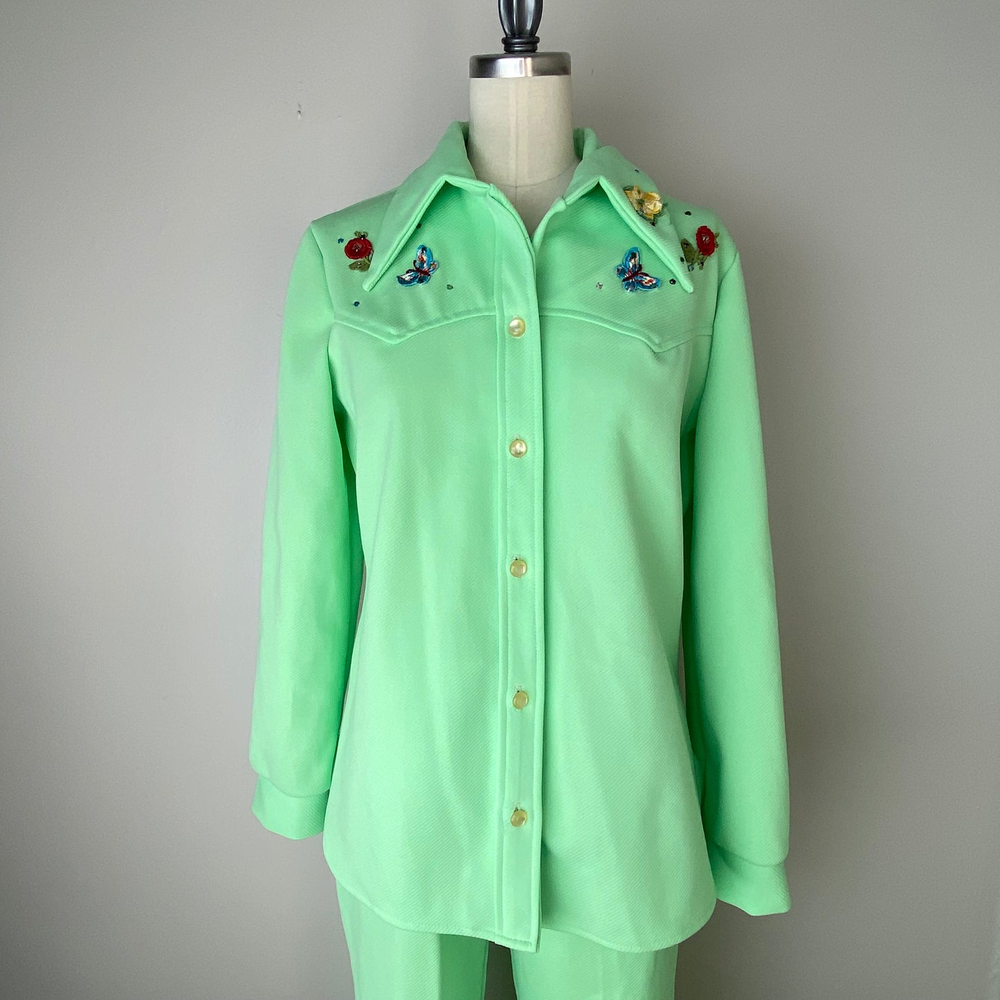 1970s Green Embellished Western Set, Size S/M, Double Knit Shirt Jacket and Pants, Rhinestones Butterflies Roses