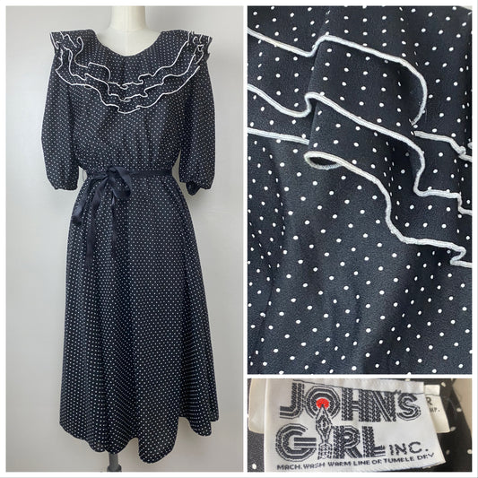 1980s Black and White Polka Dot Dress, John’s Girl Size M/L, Ruffle Neck