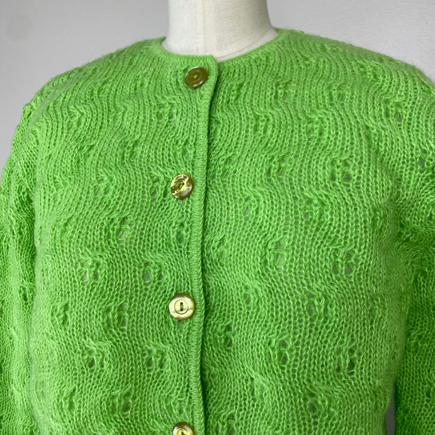 1960s Mohair Blend Cardigan, Sidney Gould, Lime Green, Size Medium