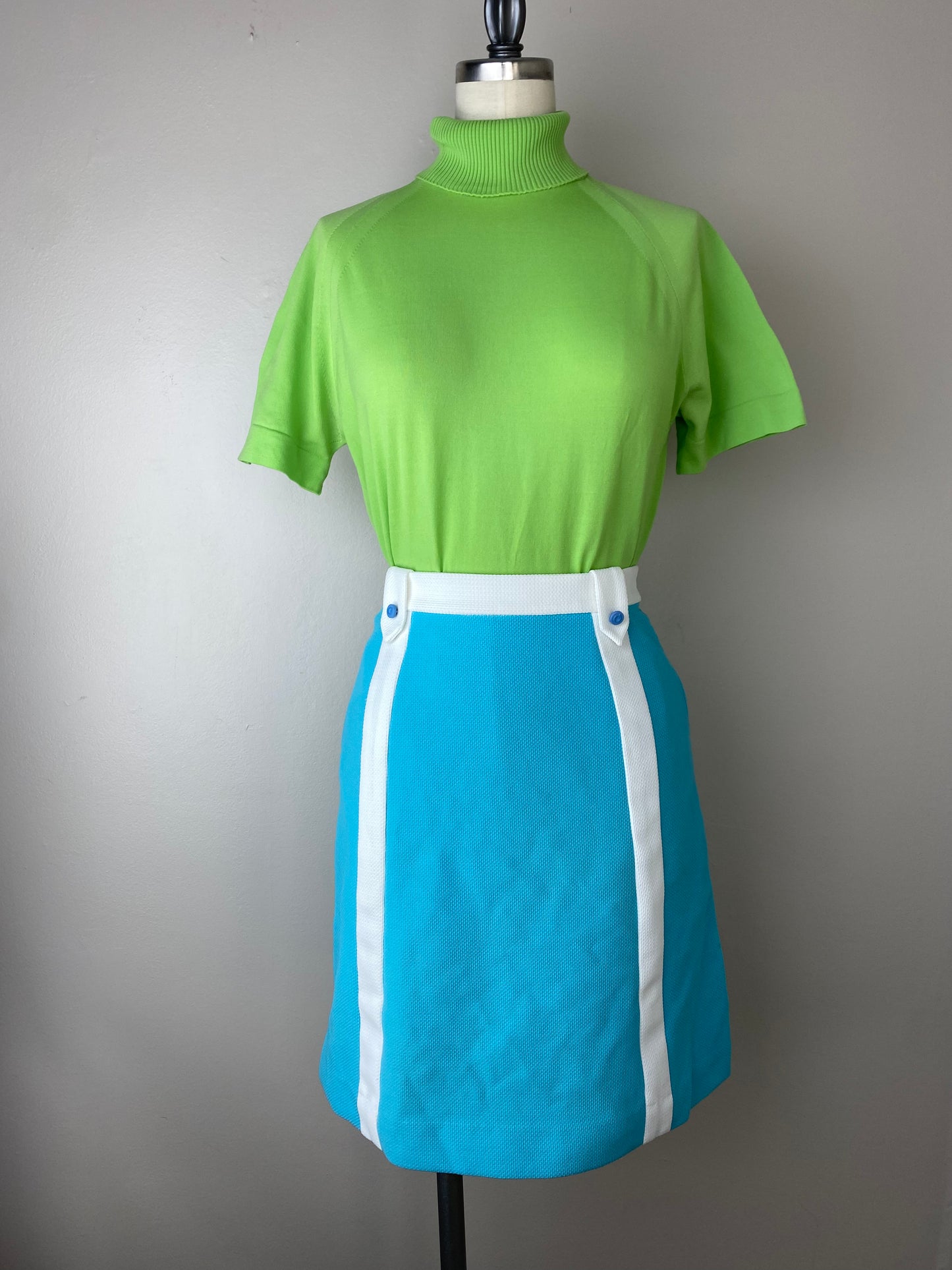1960s Neon Green Turtleneck Shirt, Sears Junior Bazaar Ban-Lon Knits Short Sleeve Top, Size Medium