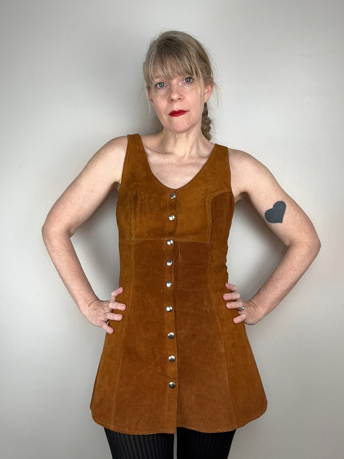 1970s Brown Leather Sleeveless Mini Dress, Snap Front, Size S/M