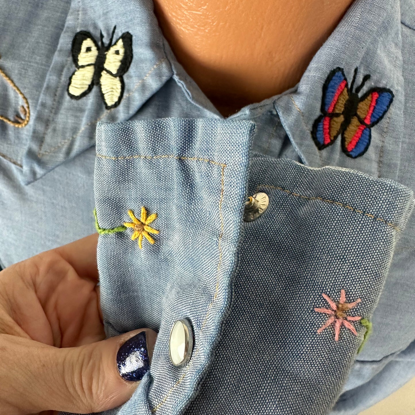 1970s Chambray Shirt with Embroidery, Sears Western Wear size S/M