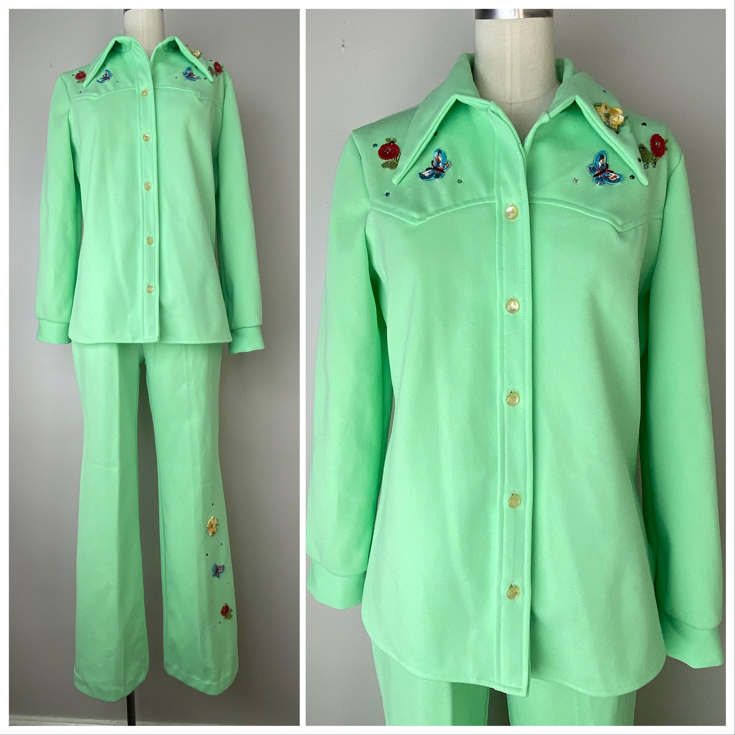 1970s Green Embellished Western Set, Size S/M, Double Knit Shirt Jacket and Pants, Rhinestones Butterflies Roses