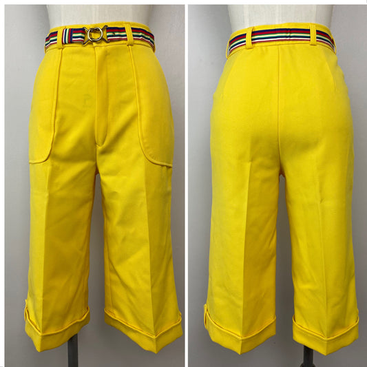 1970s Cropped Yellow Pants, Sears Mates, Size XS, 25.5"x16", plus Striped Ribbon Belt