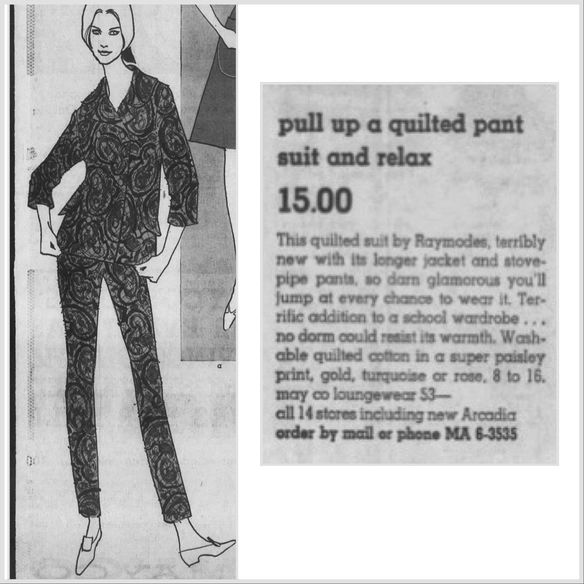1960s Quilted Paisley Pant Suit by Raymodes, Size XS