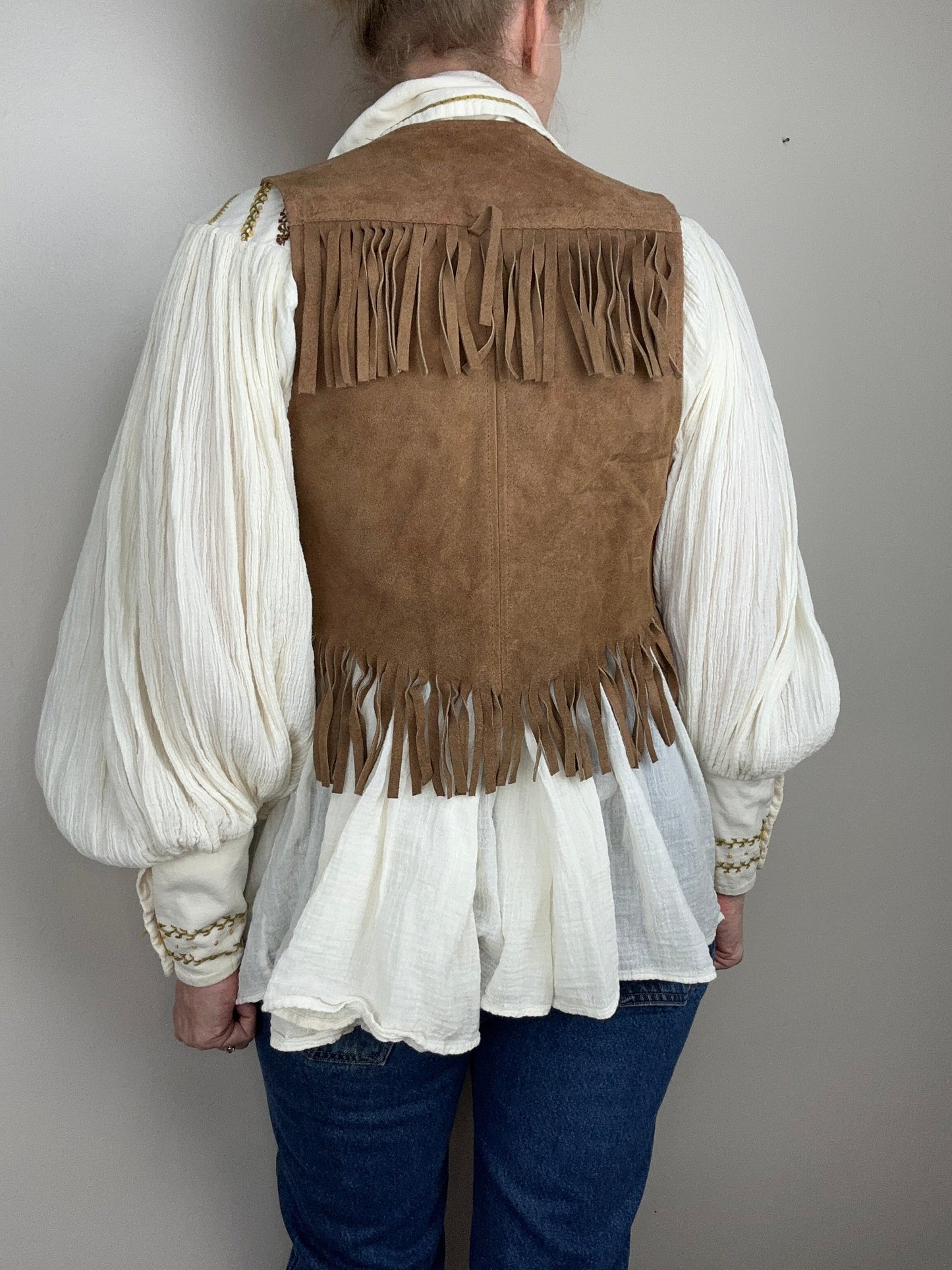 1960s/70s Embroidered Gauze Blouse with Balloon Sleeves, Size Small