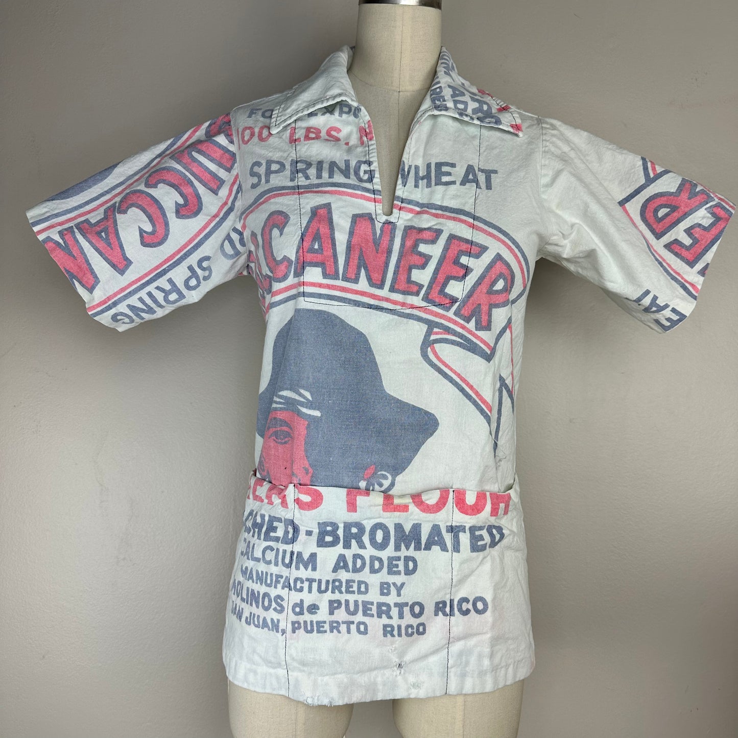 1960s/70s Flour Sack Shirt, Size XS/S, Buccaneer Puerto Rico, Pirates
