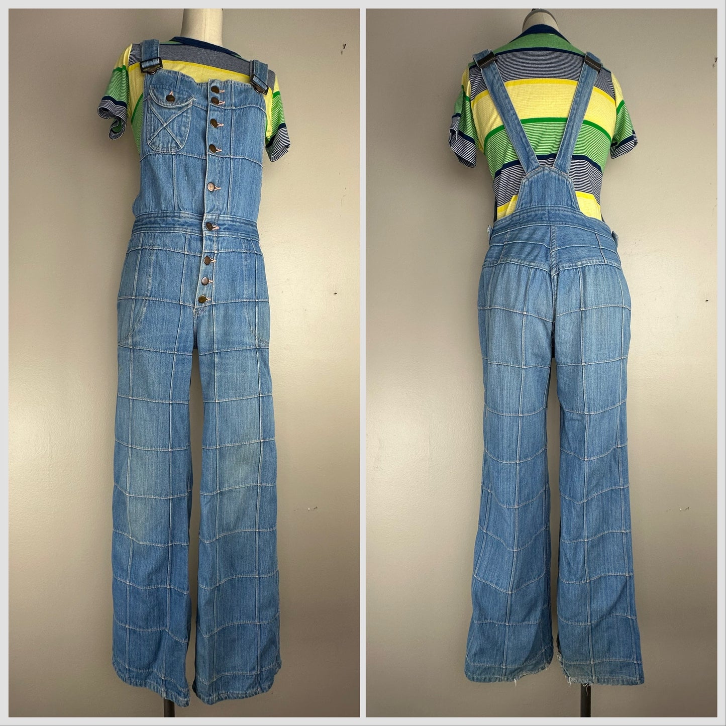 1970s Patchwork Denim Low Back Bell Bottom Overalls, Chess King Size Medium, Button Front