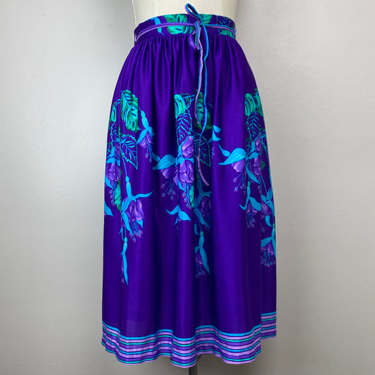 1970s Purple Floral Wrap Midi Skirt, Sirena Size Medium, Swimsuit Cover Up, Border Print