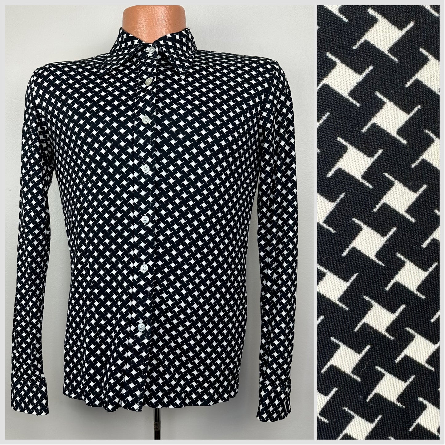 1970s Black and White Print Dagger Collar Shirt Size Medium