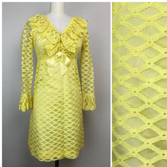 1960s Yellow Net Cocktail Dress, Size XS, Mod Mini