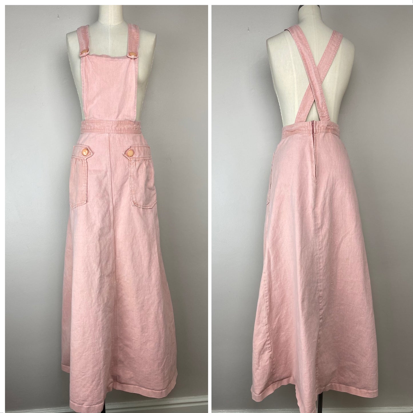 1970s Pink Denim Overall Jumper, Maxi Skirt, Size Small