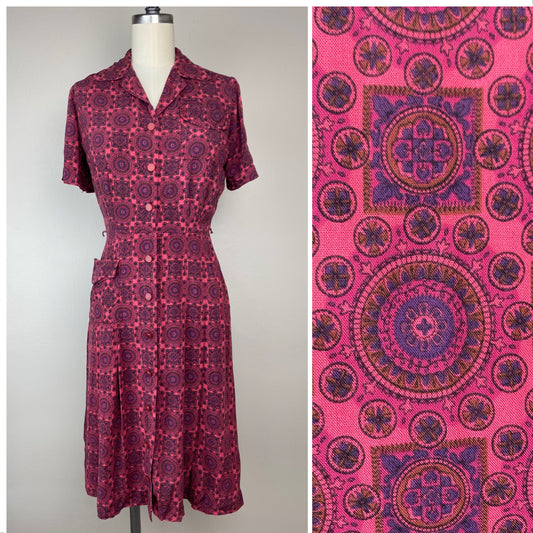 1950s Pink Medallion Print Dress, Activi-Tee Size XS