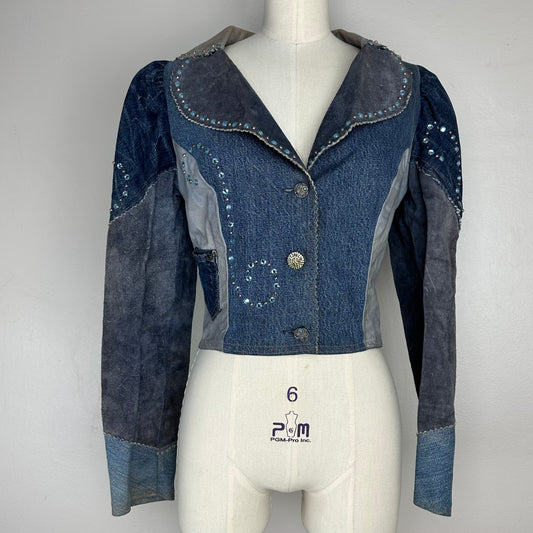 1970s Love Melody Denim and Leather Patchwork Jacket, Size Small