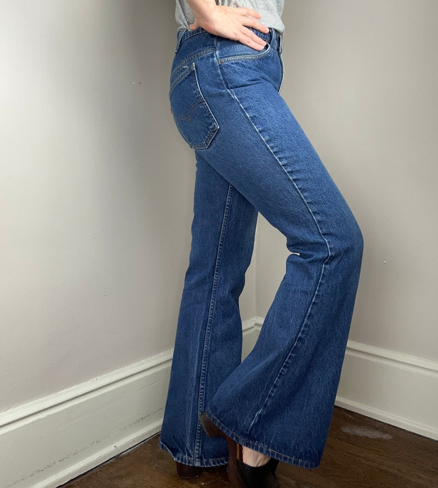 1980s Levi’s Bell Bottom Jeans, 684 Orange Tab Blue Denim, 34x32.5