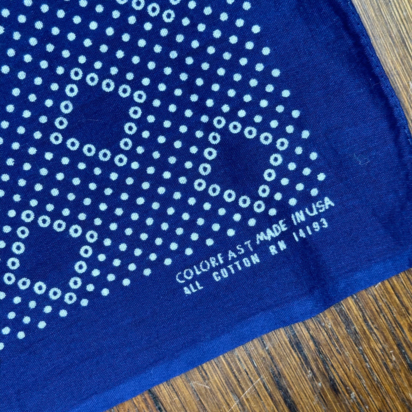 1950s/60s Indigo Blue Bandana, RN 14193, Double Wedding Ring and Dots, Selvage Edge