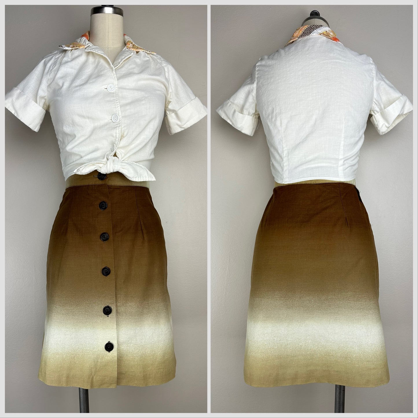 1970s Cropped Tie Front Blouse with Patchwork Collar, Size XS