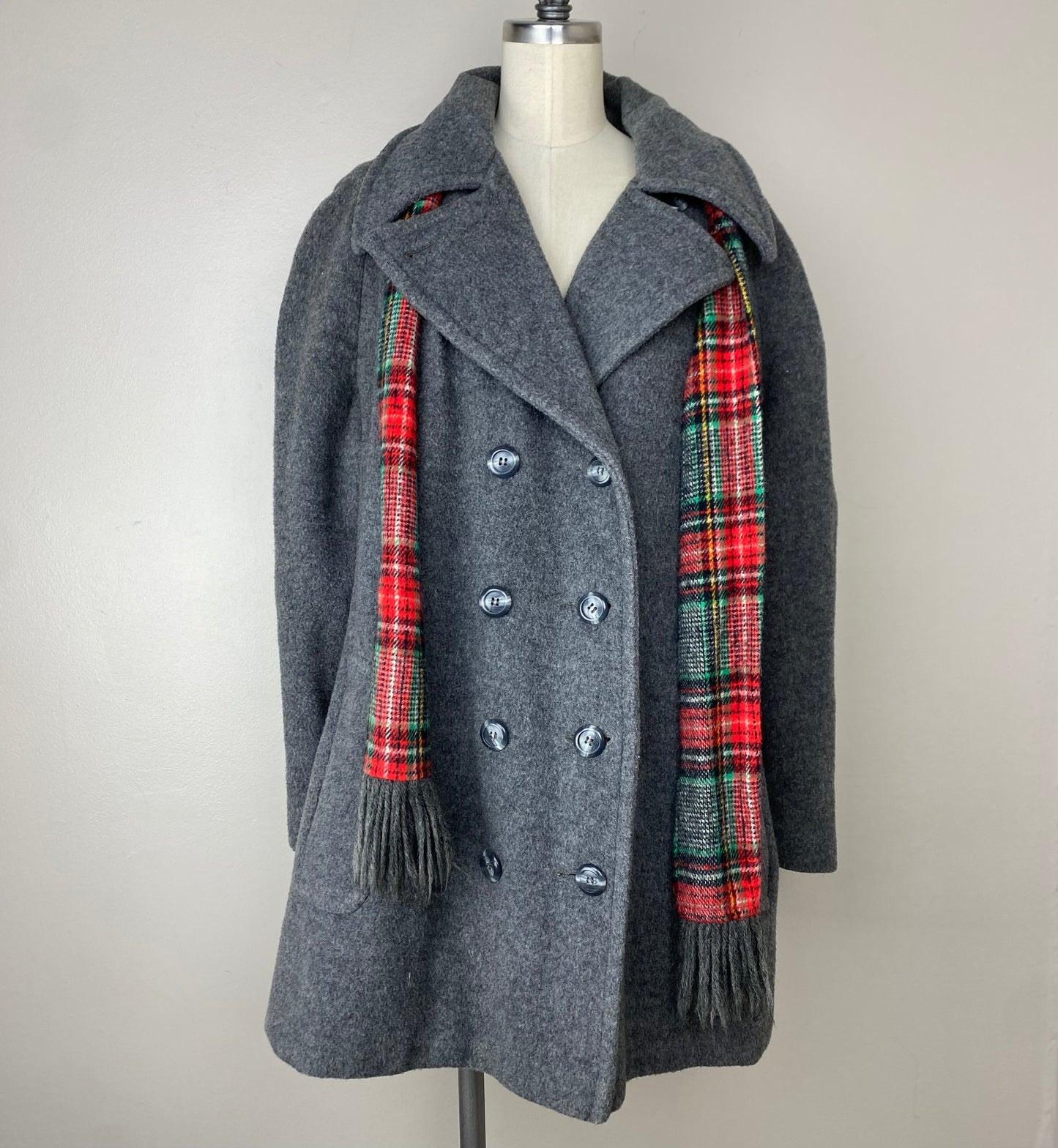 1970s Grey Peacoat with Plaid Lining and Scarf, O-Kay by Herman Kay Size Large, Double Breasted Winter Coat