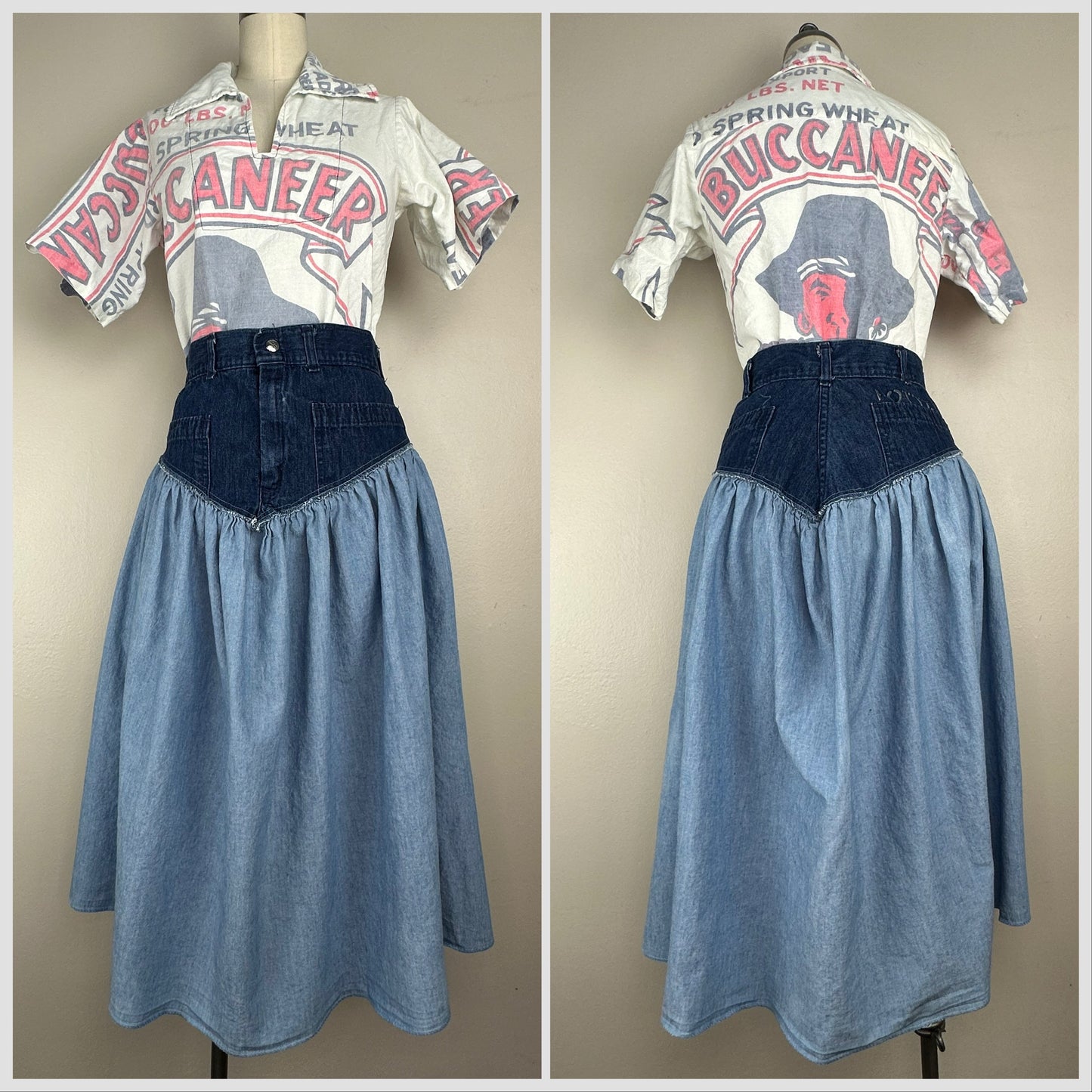 1980s Cesucci Upcycled OOAK Chambray and Denim Skirt, Size Medium, Sea Farer US Navy Dungaree Jeans