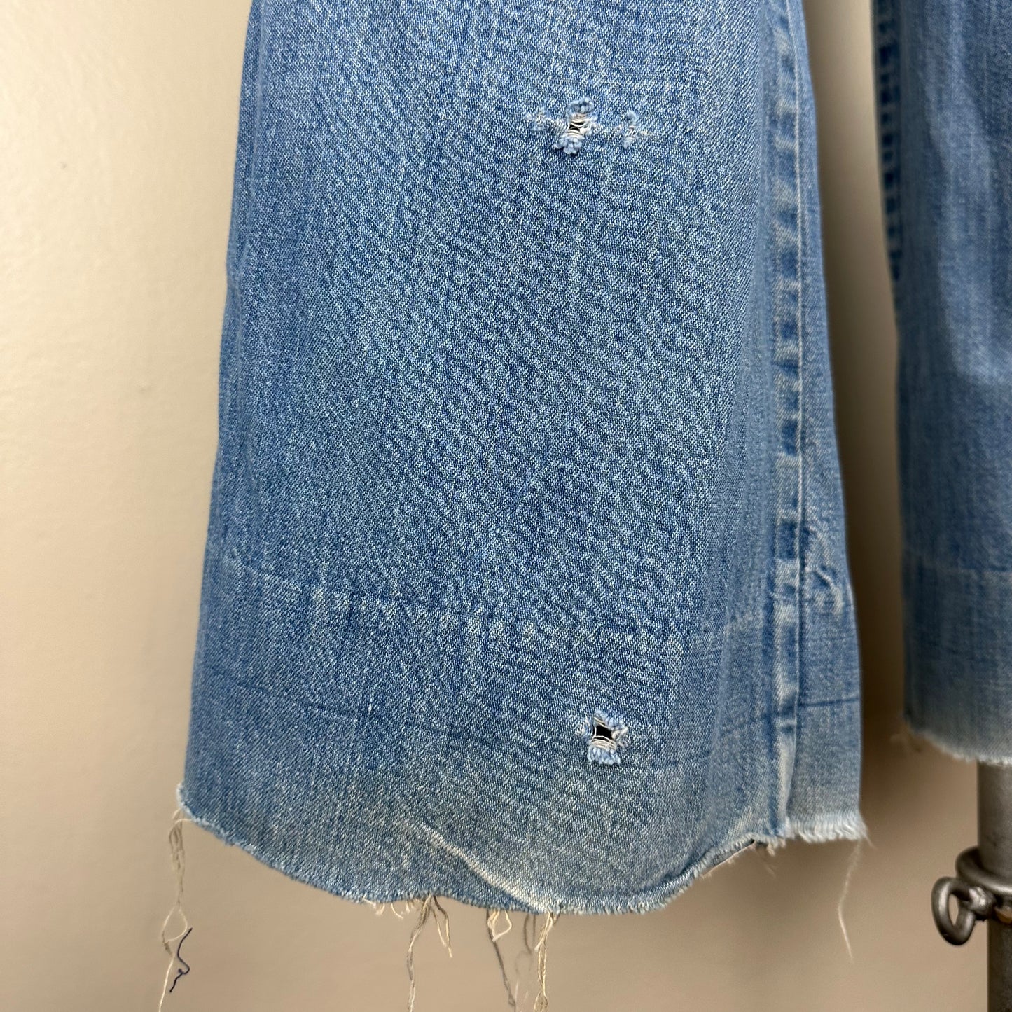 1970s Bell Bottom Blue Jeans, 27"x30.5", High Waisted, Raw Hem Denim