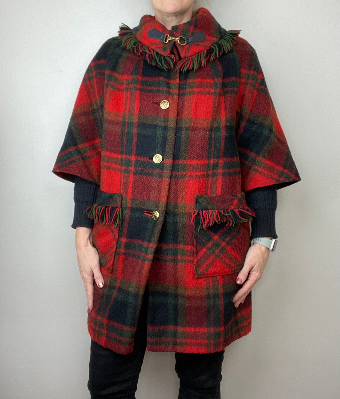 1960s Red Plaid Coat with Fringe, Village Casuals by Fashionbilt Size Medium