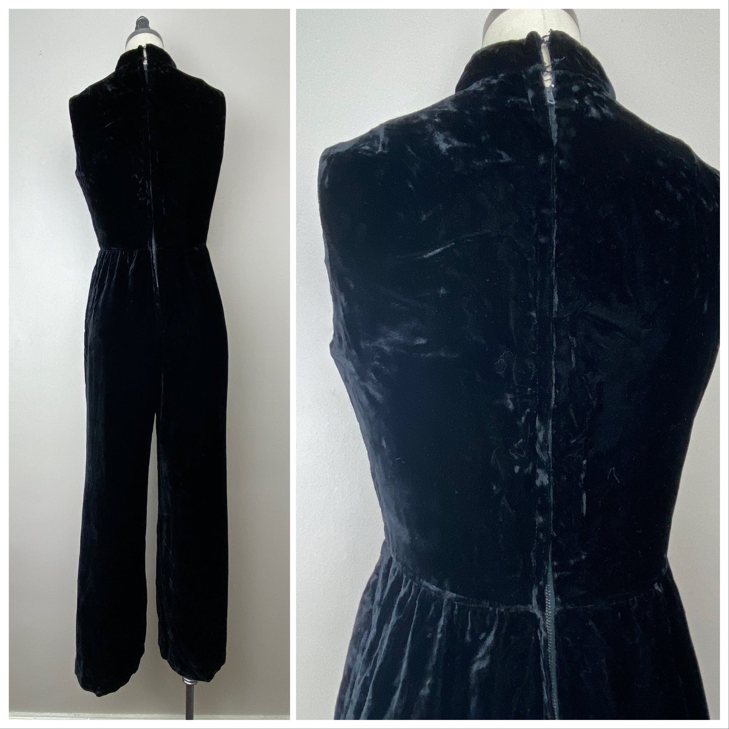 1960s Black Velvet Jumpsuit, Size Small, Flare Leg, Keyhole Cut Out, Sleeveless