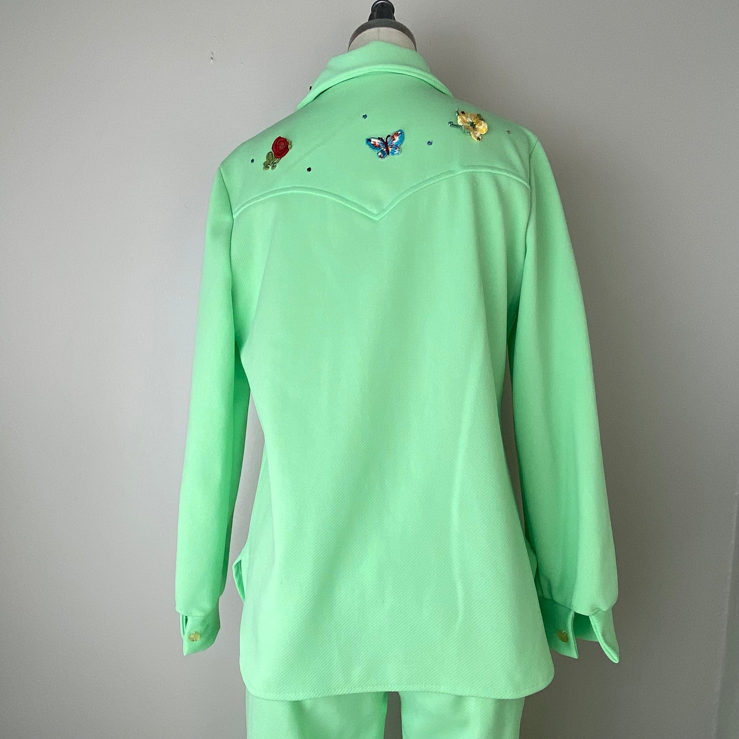 1970s Green Embellished Western Set, Size S/M, Double Knit Shirt Jacket and Pants, Rhinestones Butterflies Roses