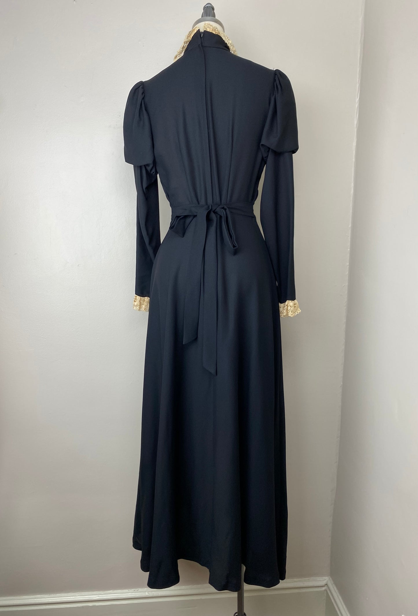 1970s Victorian Inspired Maxi Dress, Size Small, Prairie Goth, High Neck, Juliette Sleeves