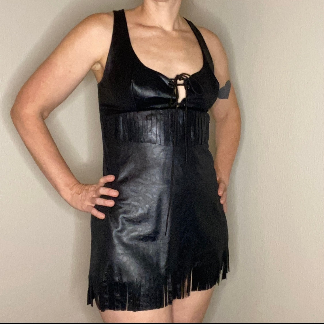 1960s/70s Faux Leather Fringe Micro Mini Dress, New Dimension Size S/M