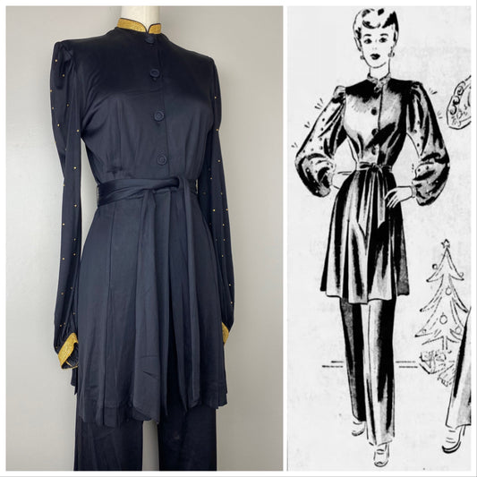 1940s Hostess Pajamas, Studded Black Cold Rayon Pant Suit, Ruth Ann of Dallas Size XS/S, Documented 1946