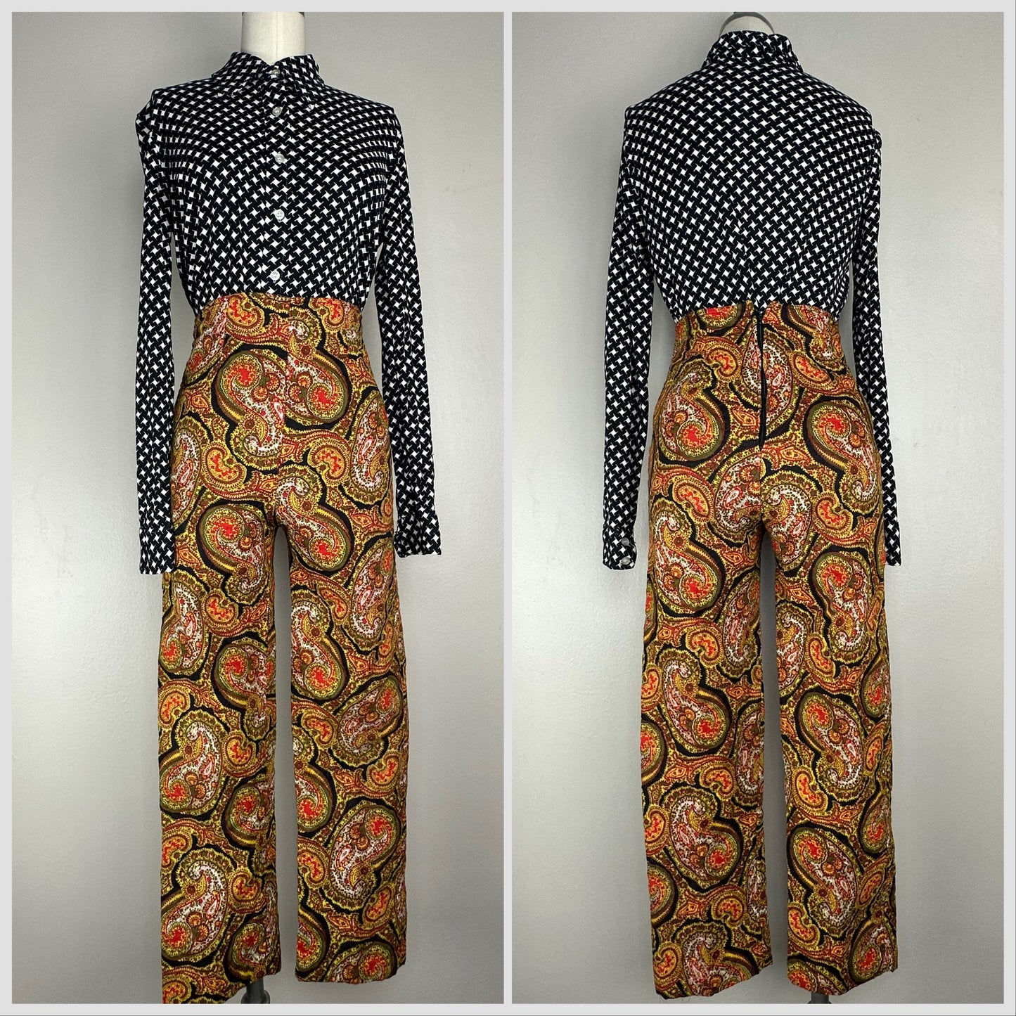1970s Black and White Print Dagger Collar Shirt Size Medium