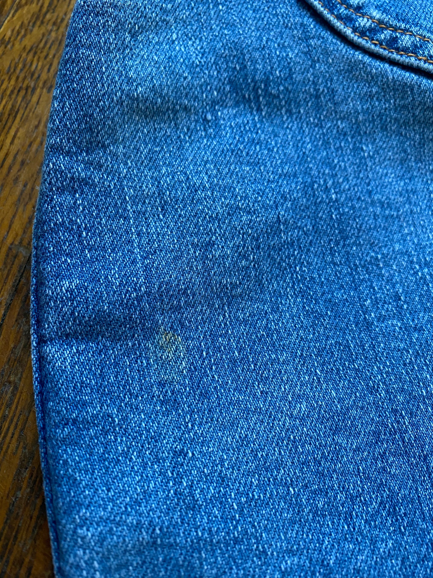 1970s/80s Plus Size Blue Jean Cut Offs, 39"x3.5", Rainbow Stitch Pockets