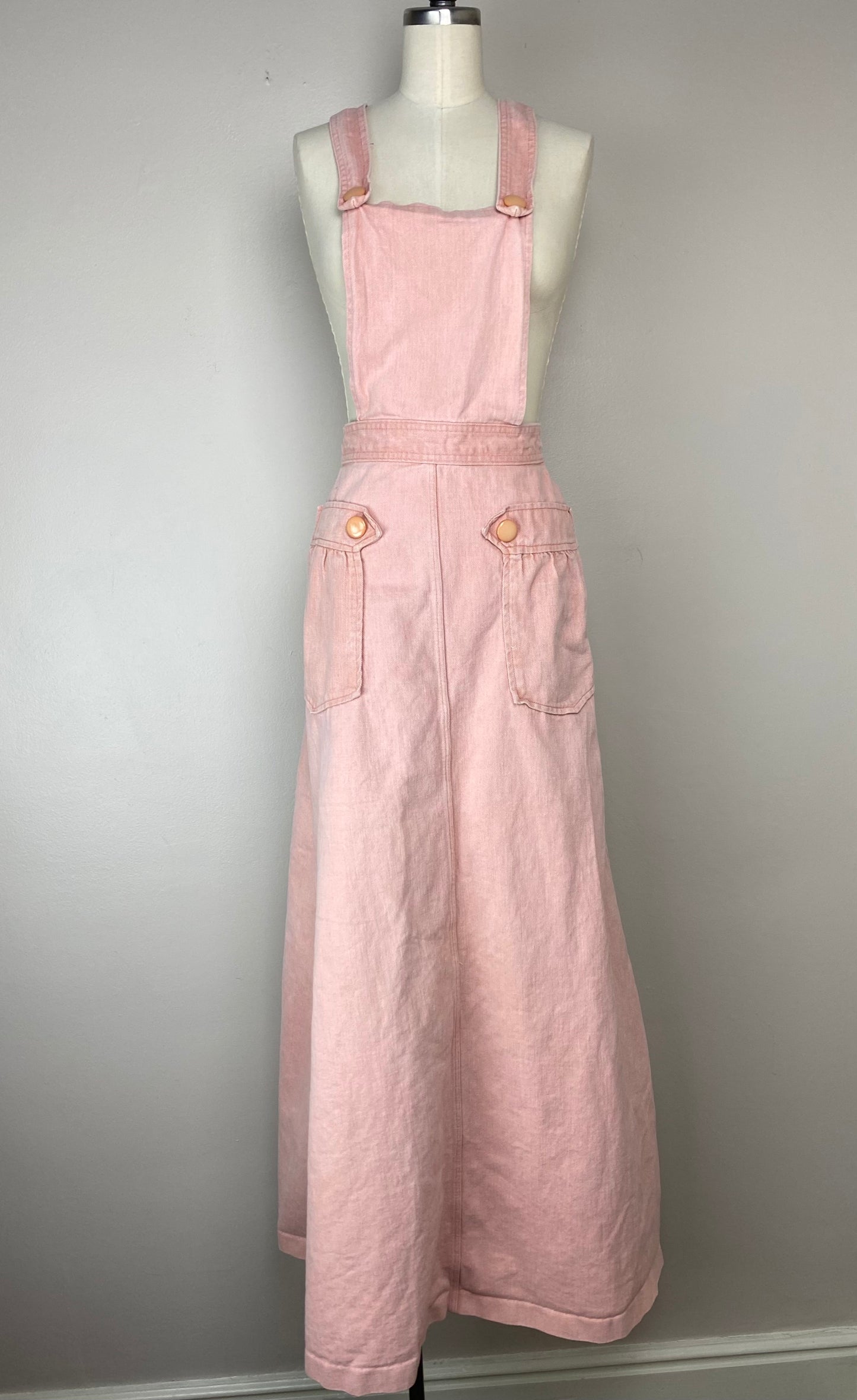 1970s Pink Denim Overall Jumper, Maxi Skirt, Size Small