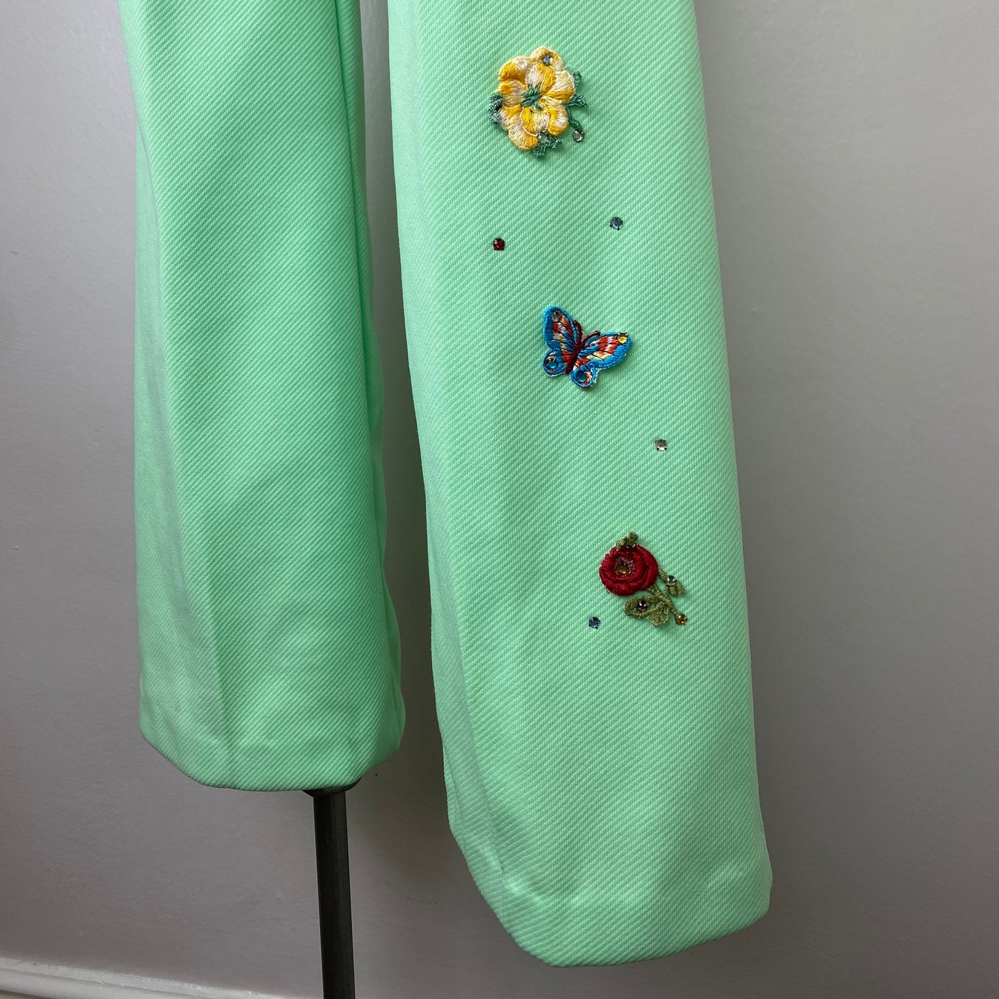 1970s Green Embellished Western Set, Size S/M, Double Knit Shirt Jacket and Pants, Rhinestones Butterflies Roses