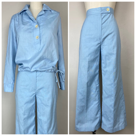 1970s JH Collectibles Shirt and Pants Set, Size XS, Pastel Blue, Nautical